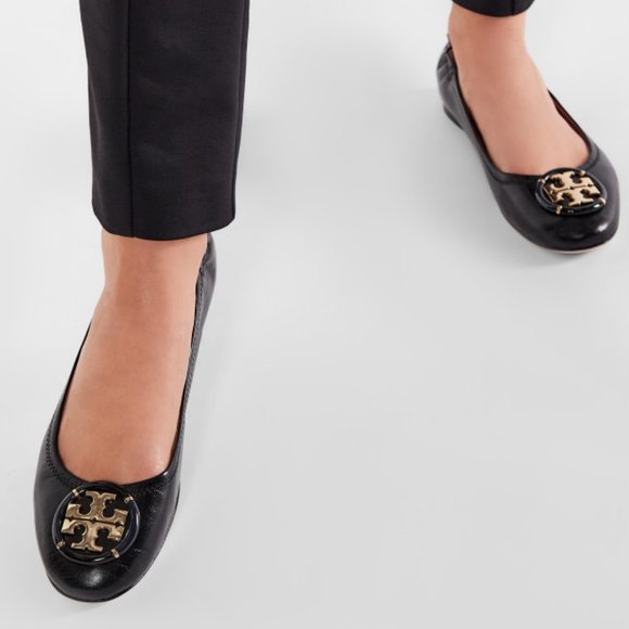 Tory Burch Enamel Logo Leather Ballet Flats Perfect Black Gold Heel Details - Picture 6 of 15